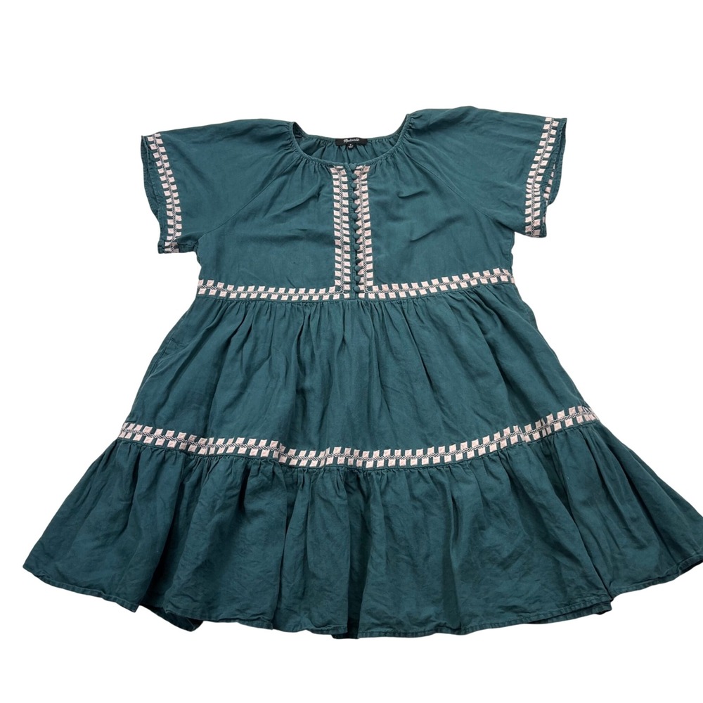 Madewell Embroidered Linen Blend Flutter Sleave Tiered Mini Dress M Teal Pockets